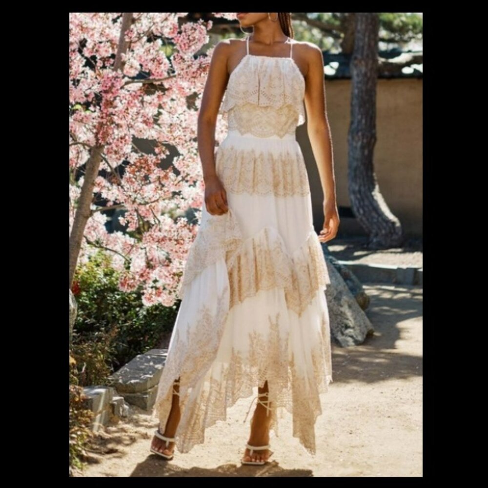 NWT BCBG MaxAzria Boho Embroidered Tiered Ruffle White Tan Maxi Dress Sz 6